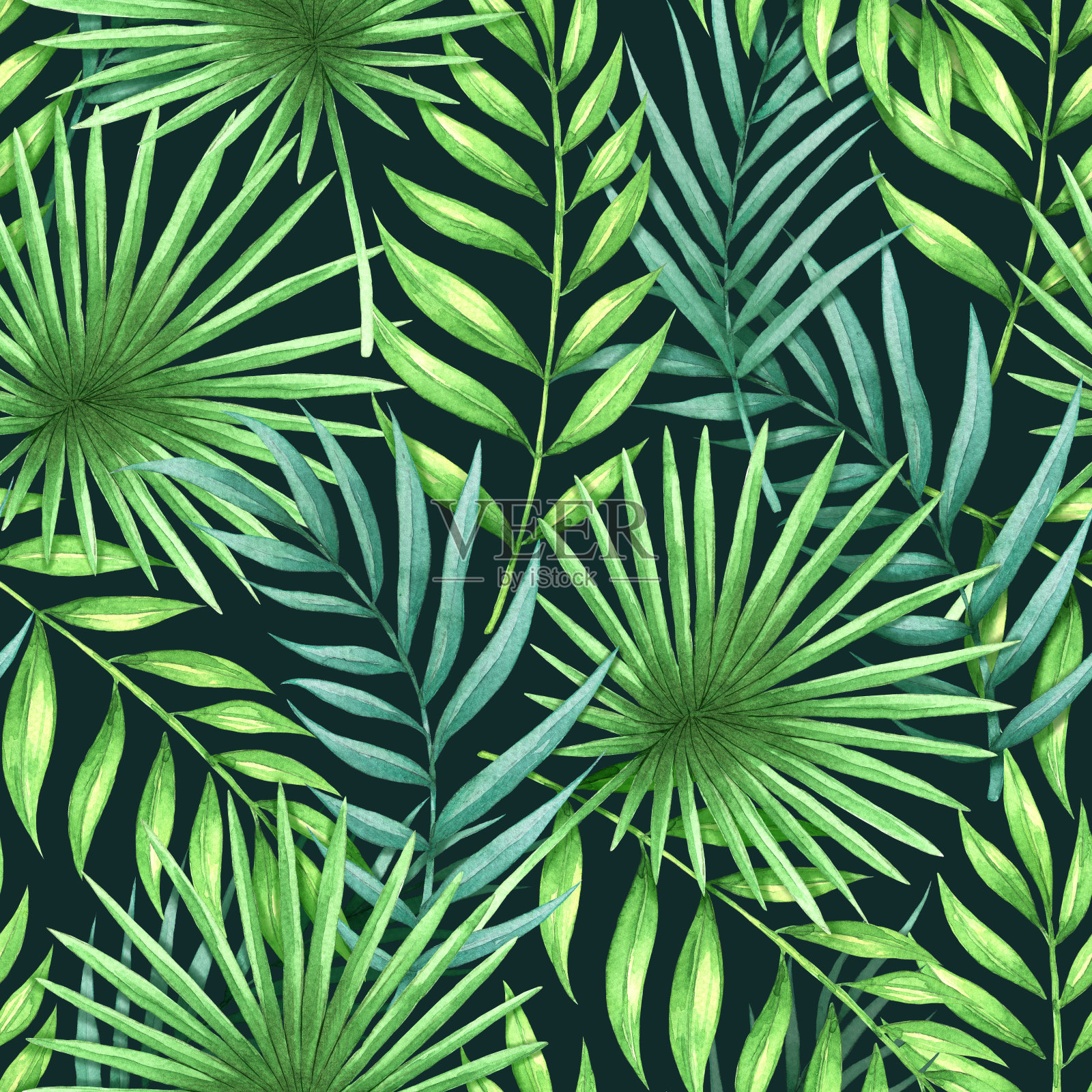 无缝模式热带叶水彩2插画图片素材