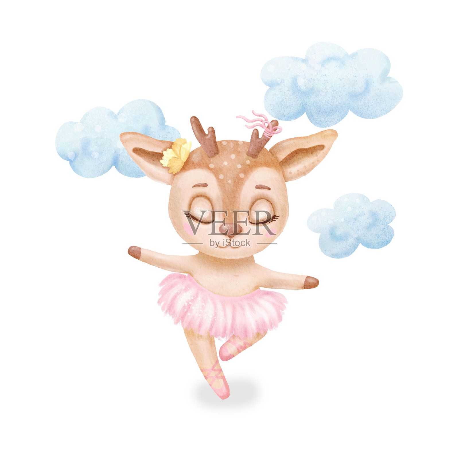 水彩画芭蕾舞小鹿。婴儿印花或海报。手绘可爱插画当代艺术设计元素图片