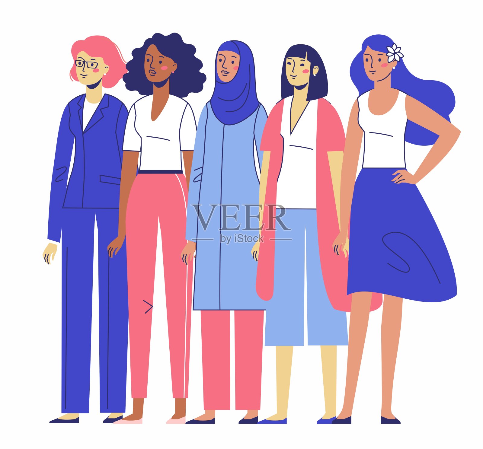 组的女性。不同种族的不同女性角色站在一起。插画图片素材