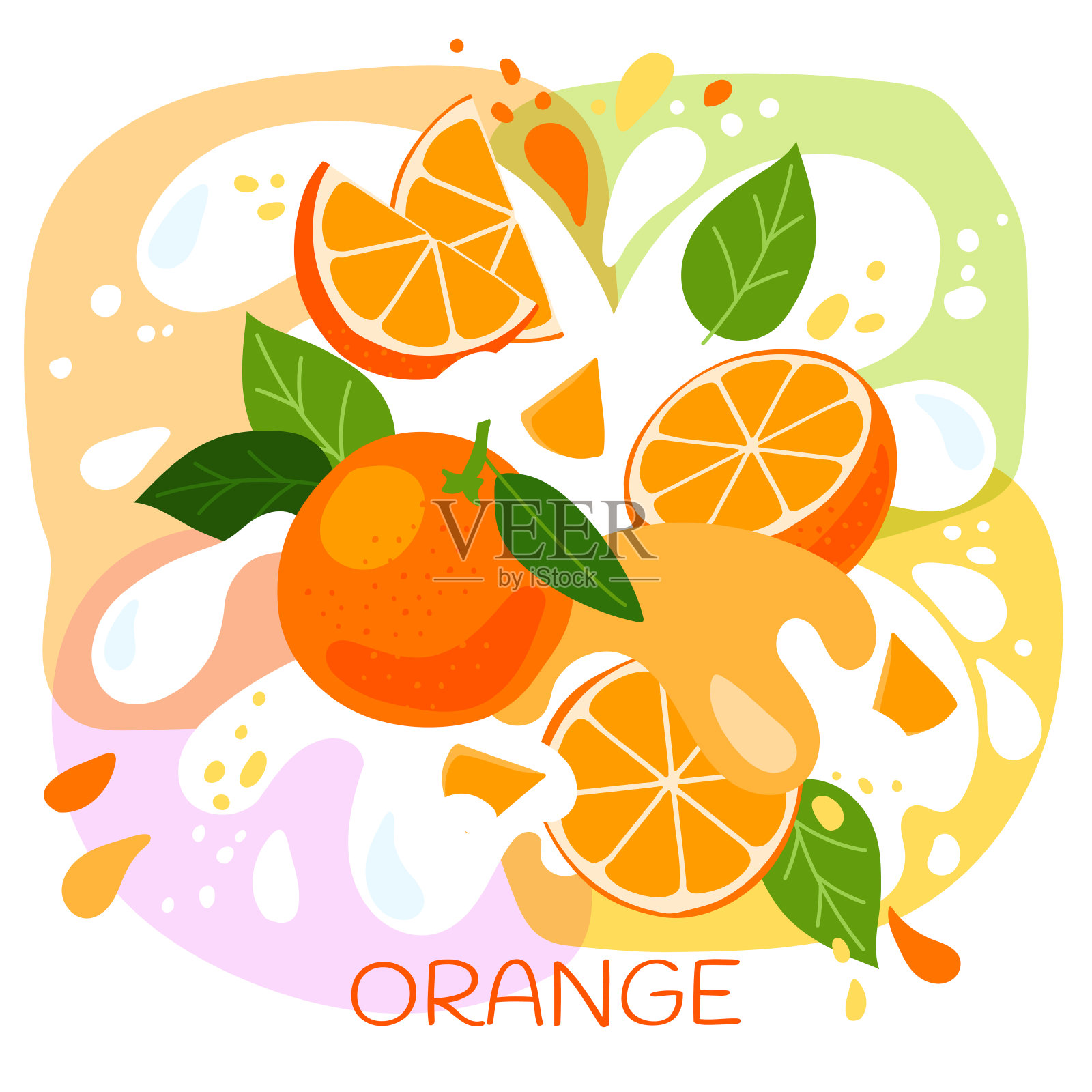 矢量插图的有机橙奶昔或水果饮料。成熟的橙果，淋上鲜亮的橙汁。生态概念天然芒果冰沙标签。插画图片素材