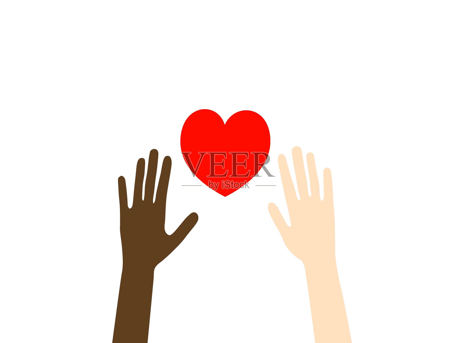 矢量插图两个举起的手非洲黑人和白种人肤色统一的心。象征着平等、团结、伙伴、和平、帮助、支持插画图片素材