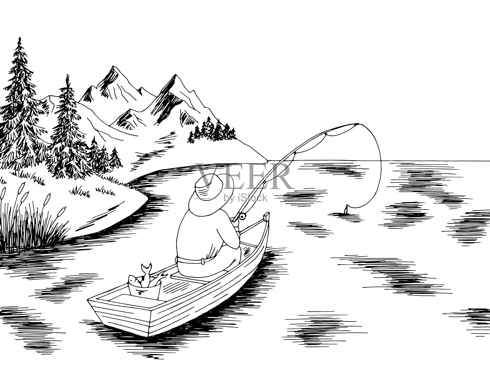 渔民在一艘船图形的黑白风景素描插图向量设计元素图片