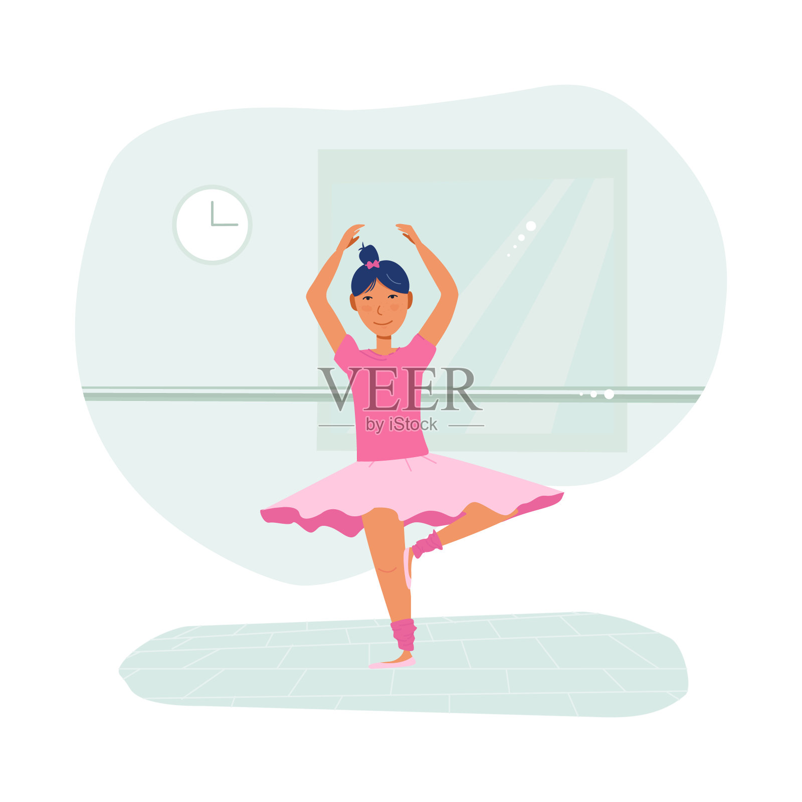 可爱的小女孩穿着粉红色的芭蕾舞裙和尖拖鞋在芭蕾舞教室练习5号姿势。孩子活动的概念。平面矢量插图孤立的背景。插画图片素材