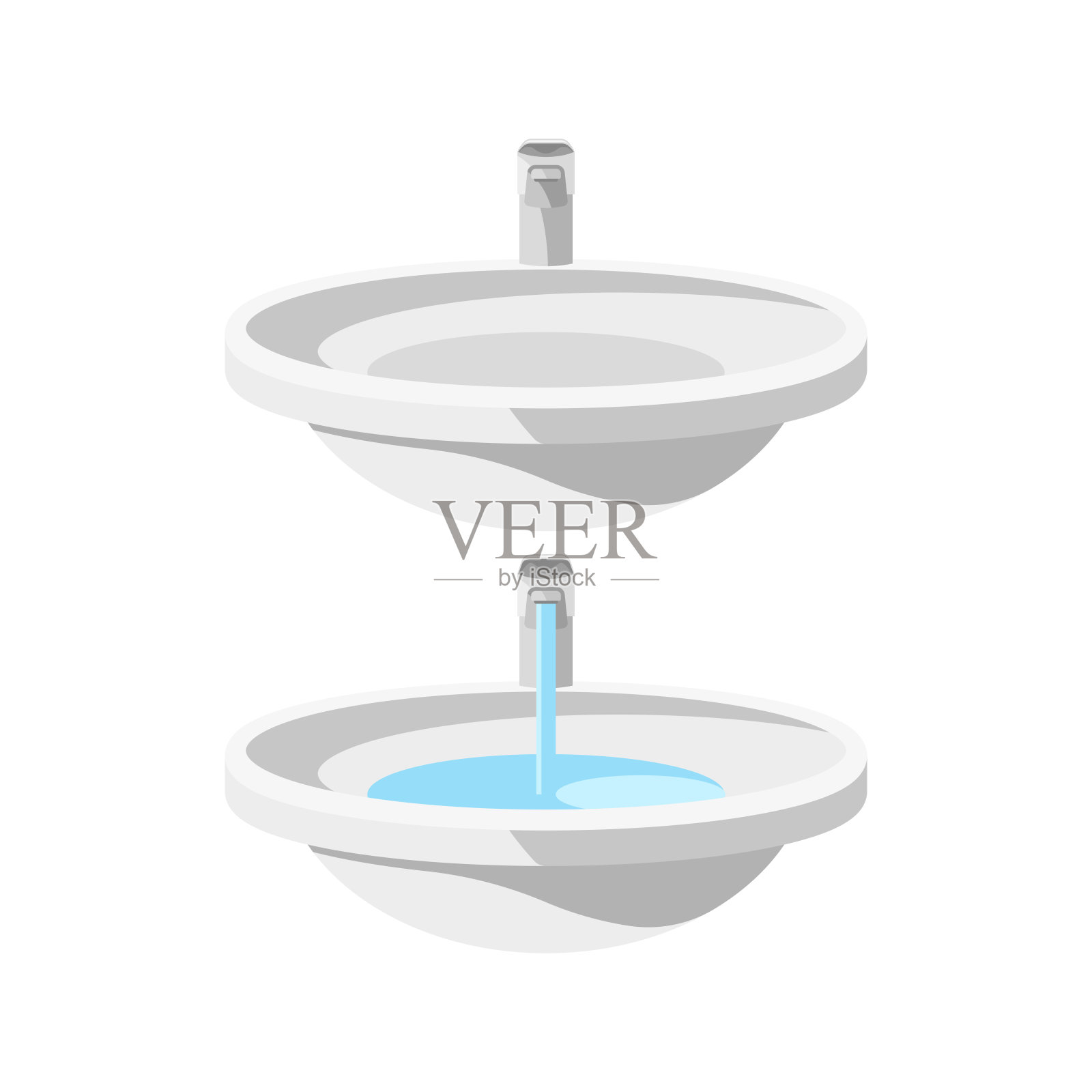 两套圆形陶瓷水槽与水龙头，空和充满水龙头的水槽3d对象，管道插图插画图片素材