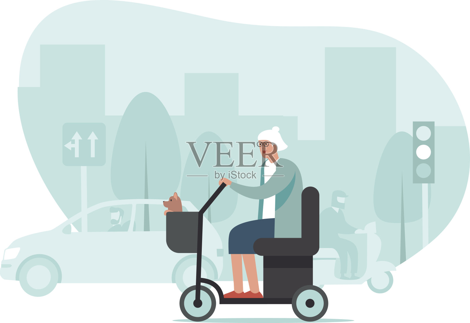 老妇人开着代步车。背景是繁忙的城市交通。设计元素图片