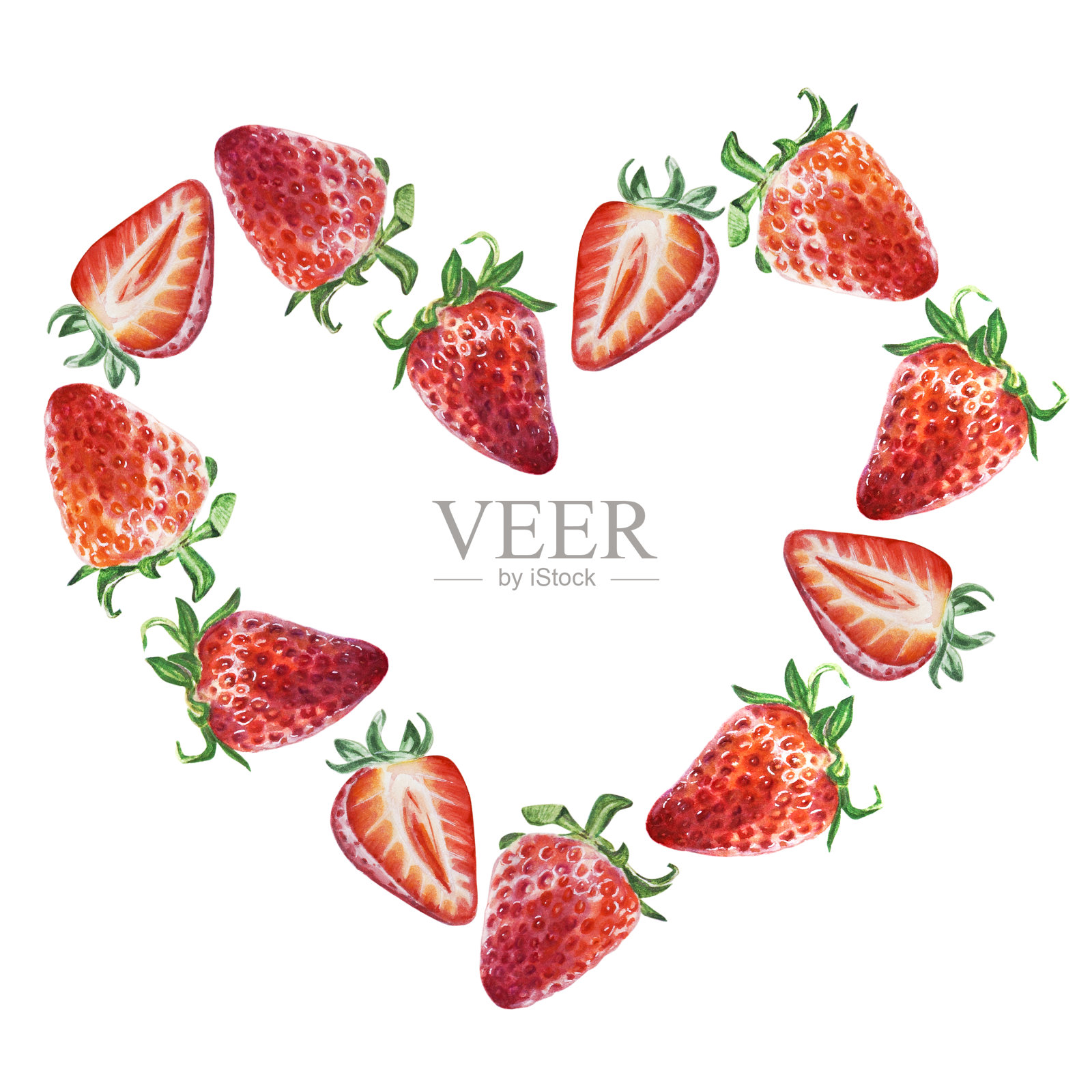 心形框架水彩模板红色多汁草莓与一半的浆果。手绘食物插图。水果打印。插画图片素材