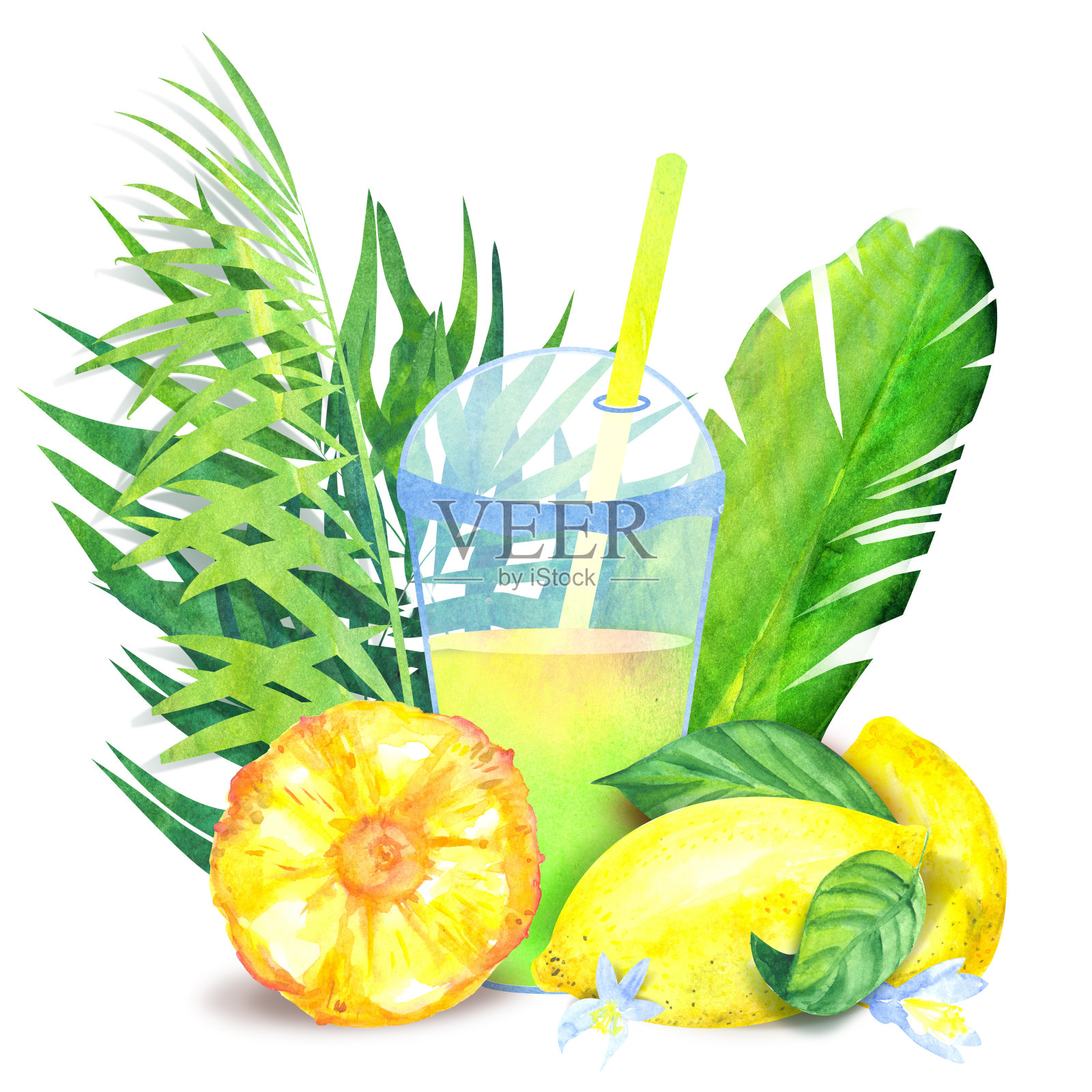 水彩画的塑料杯与果汁，柠檬和菠萝片作为异国情调的饮料概念插画图片素材