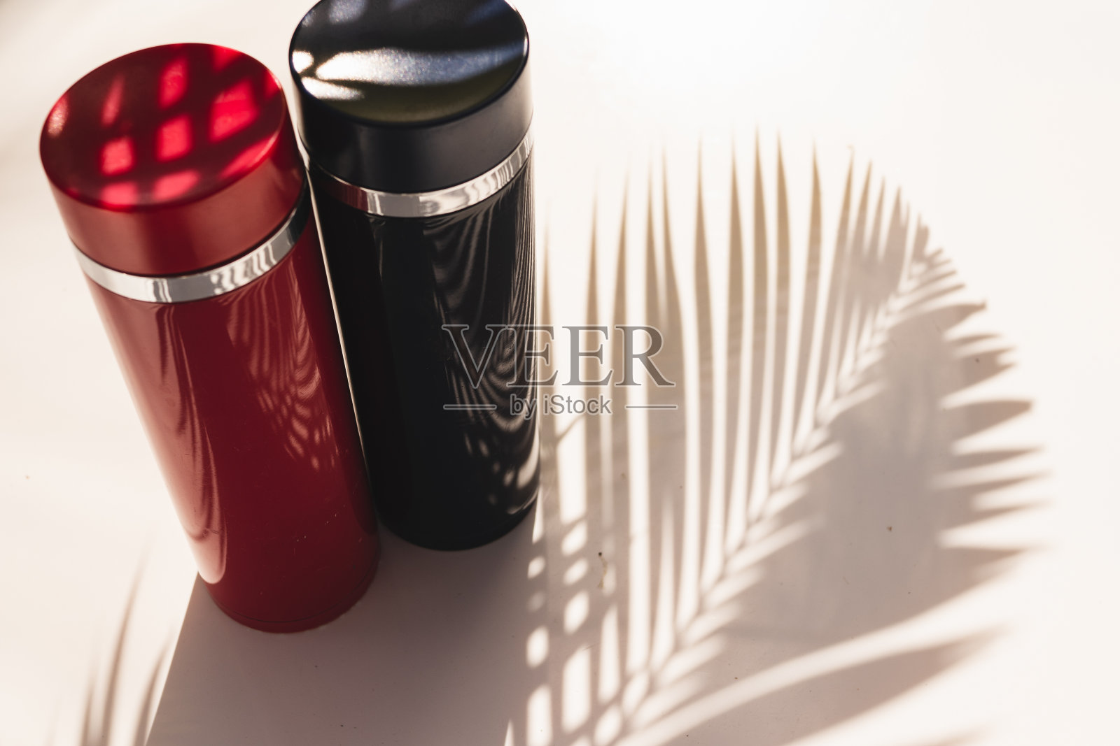 近距离的一个水瓶与棕榈叶阴影户外晴天夏天带你自己的塑料水瓶免费照片摄影图片