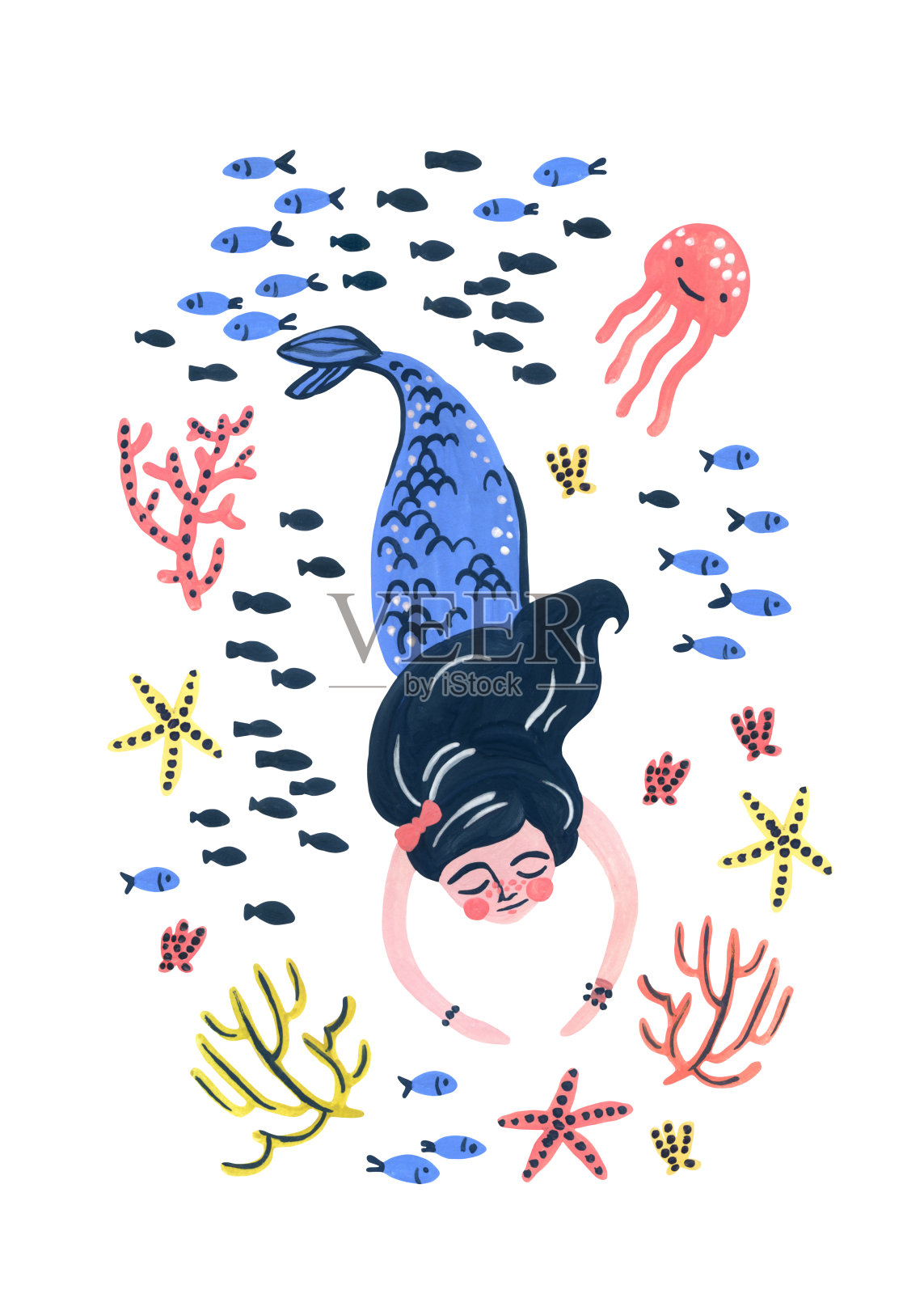 水彩可爱的美人鱼，鱼，水母和海洋植物海报插画图片素材