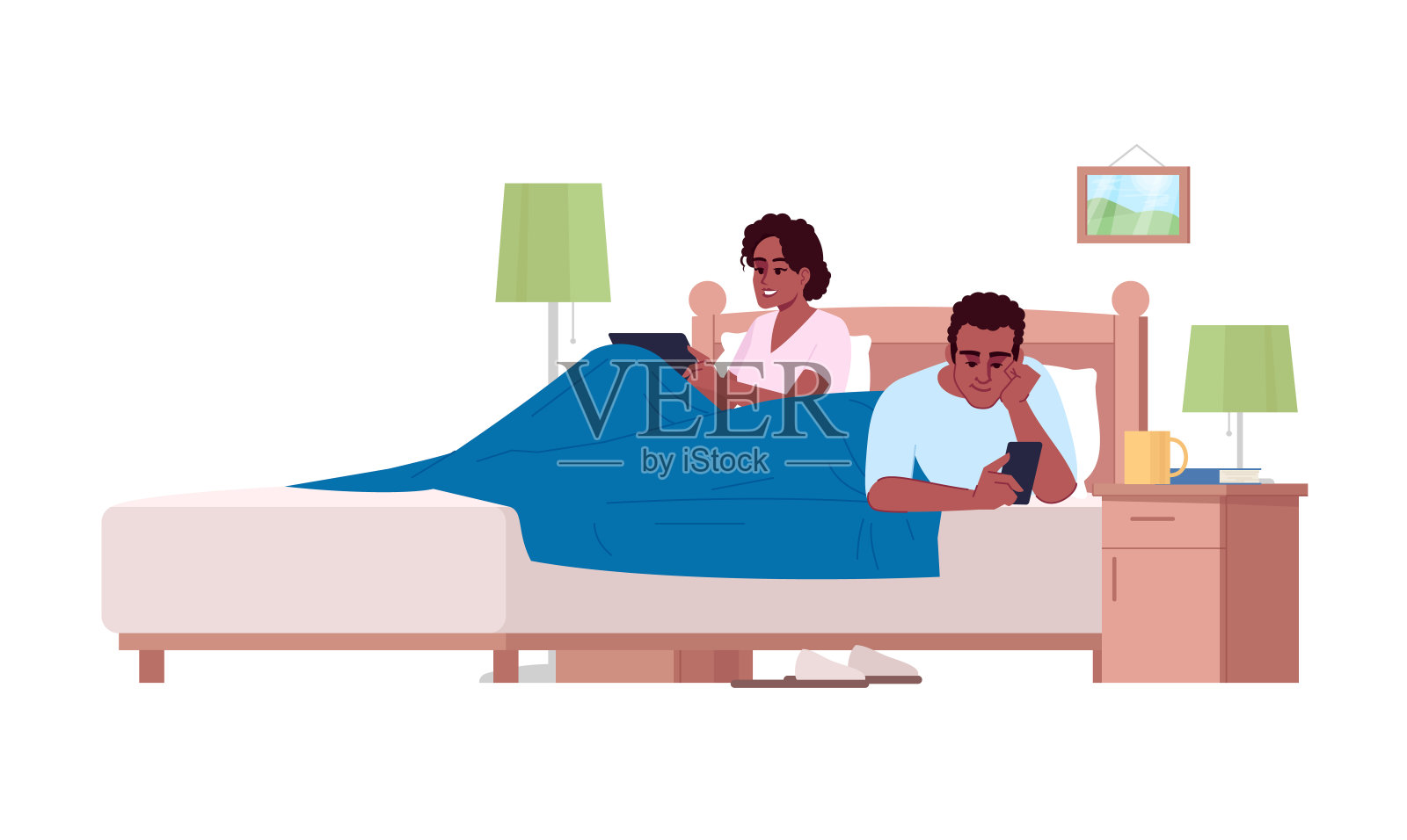 非裔美国夫妇在床上使用设备半平面RGB矢量插图。电子产品的过度使用，家人之间缺乏沟通。人们在卧室用智能手机孤立卡通人物白色插画图片素材