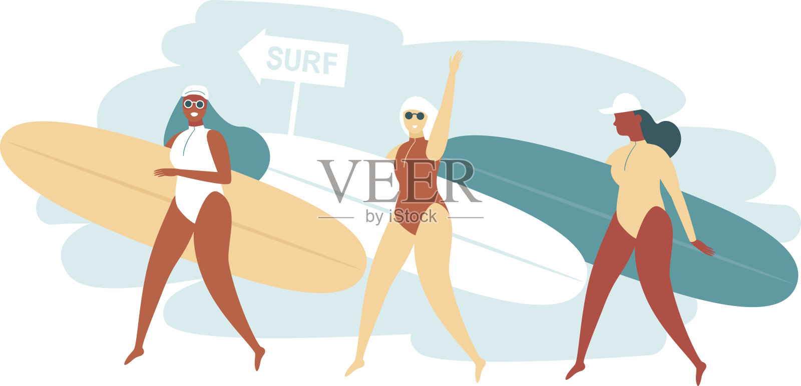 三个快乐的冲浪女孩在沙滩上带着冲浪板美丽的年轻女人。活跃的夏天。健康的生活方式。冲浪。暑假。设计元素图片