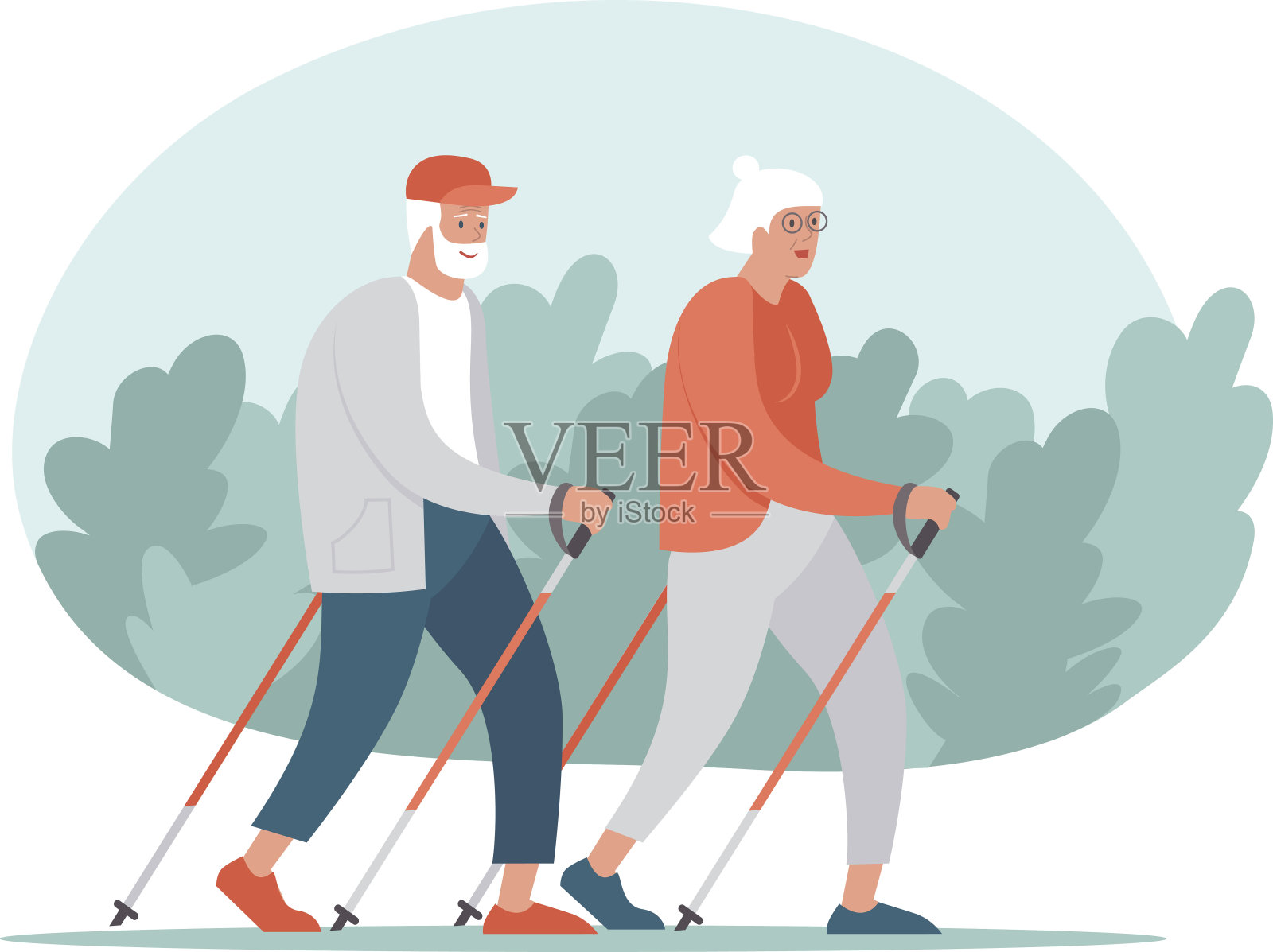一对老年夫妇一起进行北欧步行训练设计元素图片