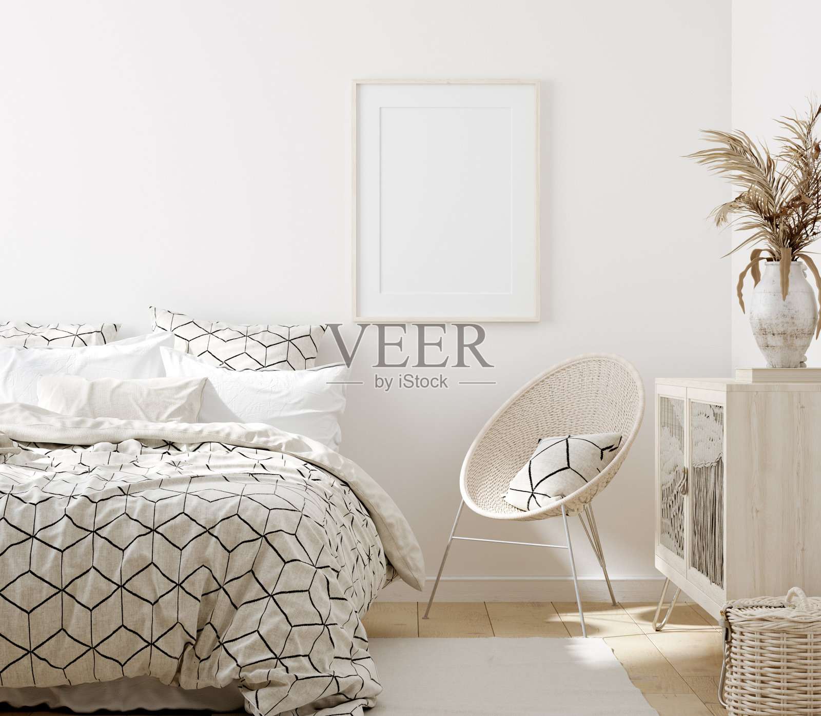 在卧室的室内背景模拟框架，白色房间与天然木制家具，Scandi-Boho风格照片摄影图片
