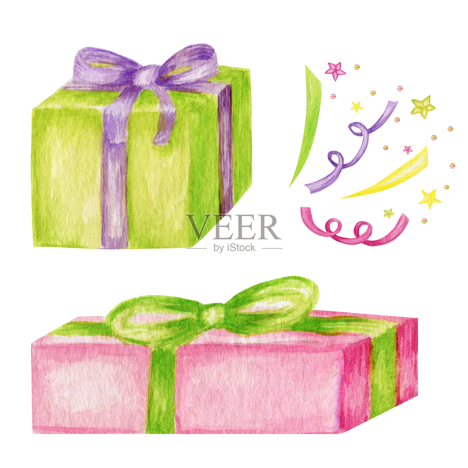 节日礼品彩色礼品盒，包装堆。水彩孤立插图上的白色背景。圣诞、新年生日派对礼物概念插画图片素材