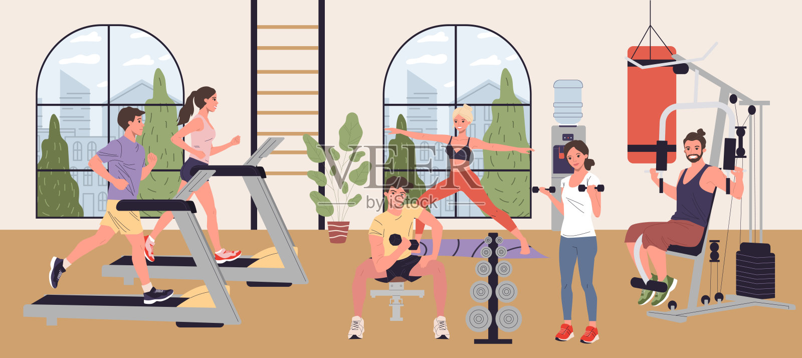 人们在健身房做有氧运动，举重和瑜伽插画图片素材