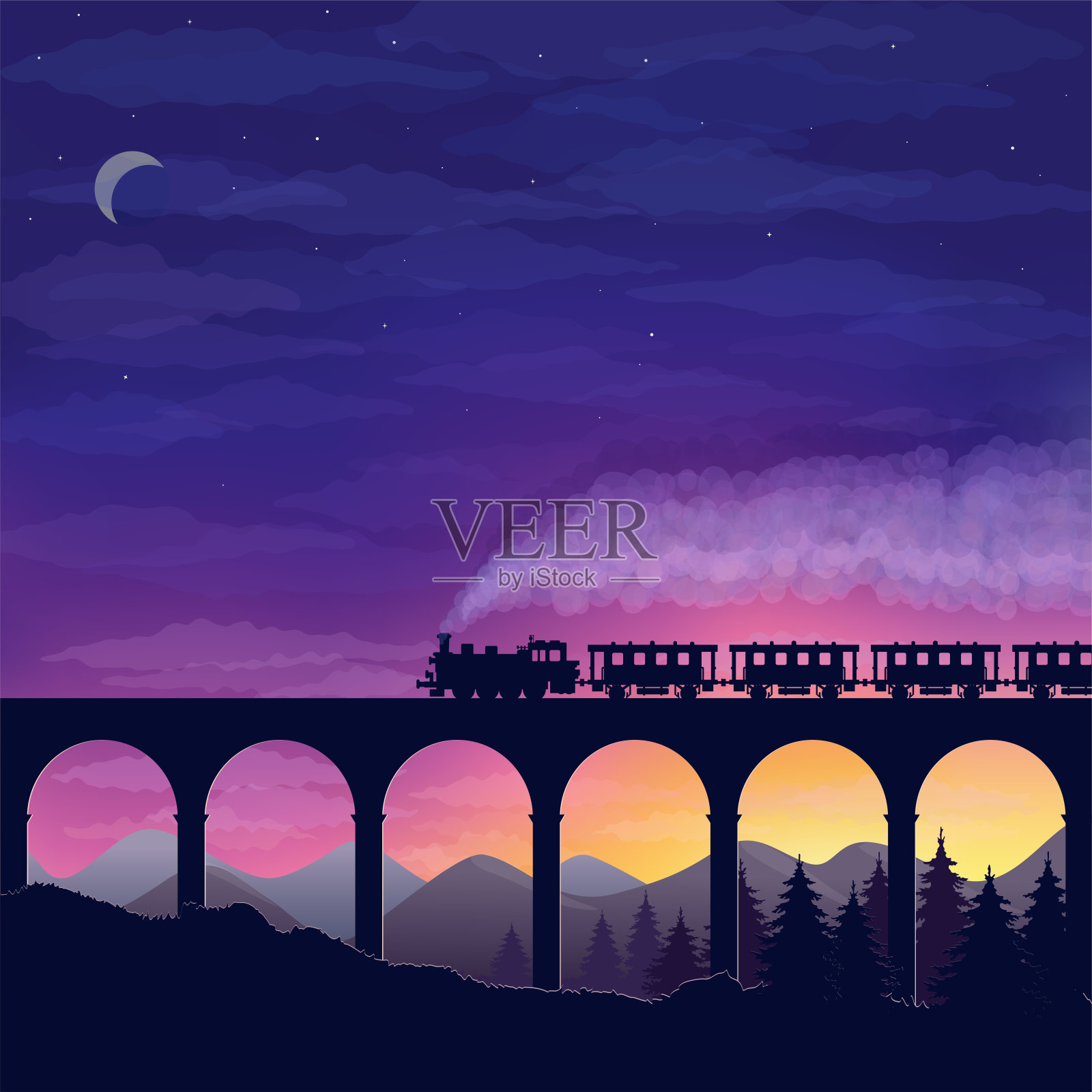 美丽的夜景与火车旅行的桥梁，山脉和森林对星空。矢量图插画图片素材