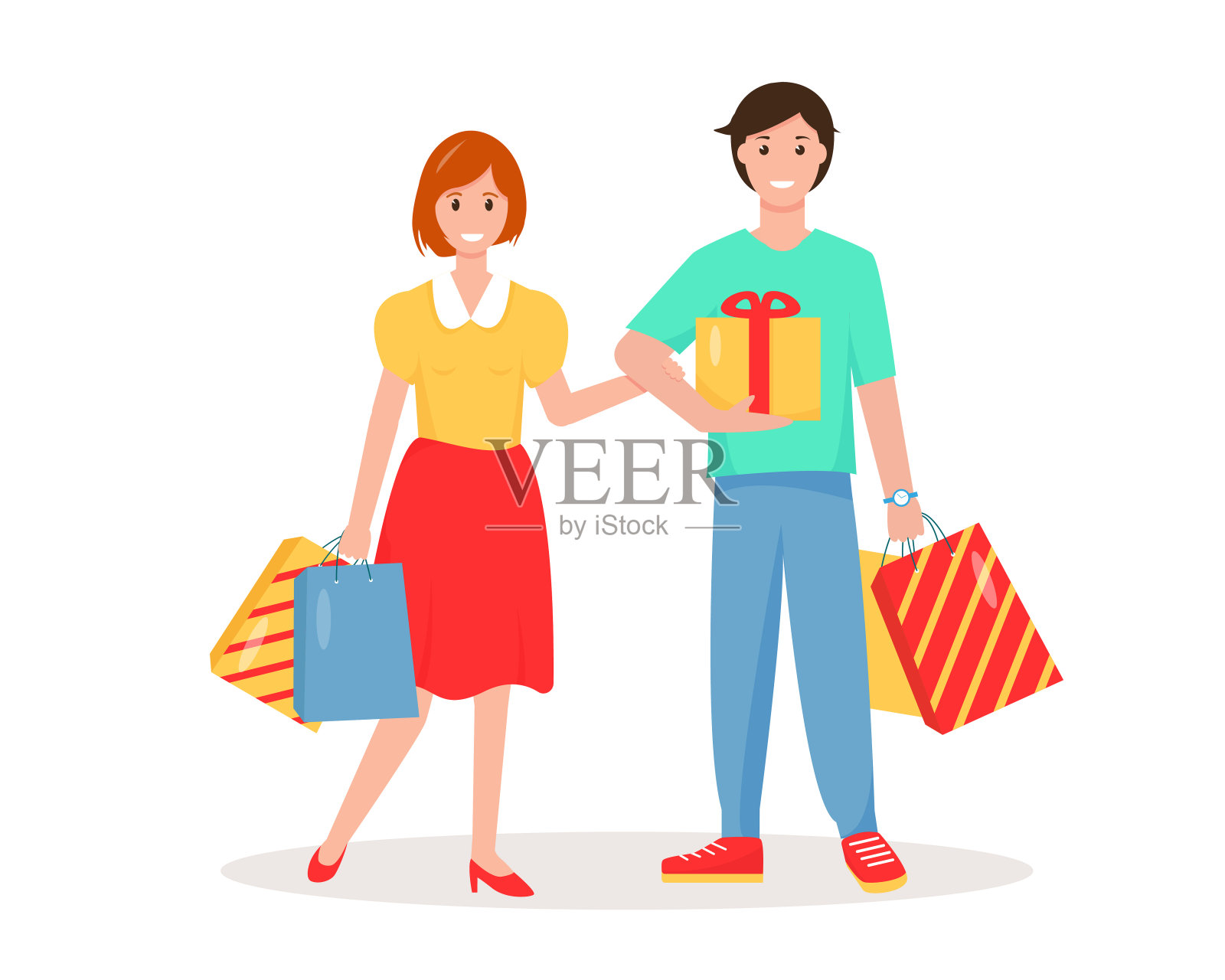 快乐的女人和拿着购物袋的男人。购物的概念。矢量插图上的白色背景。插画图片素材