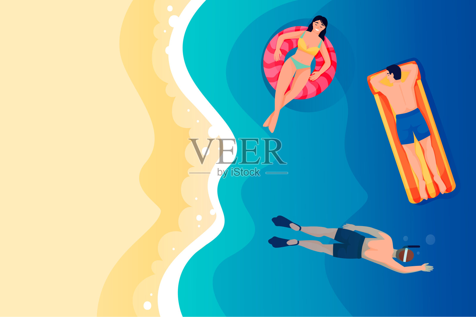 女人和男人在海里游泳。矢量平顶视图插图。夏季度假旅游和度假胜地概念插画图片素材