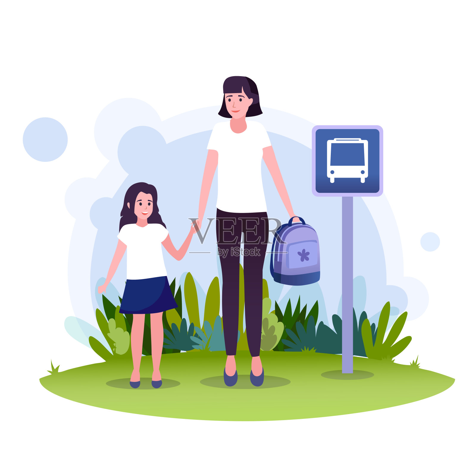 一位年轻的母亲带着她可爱的女儿在汽车站等校车。完成平面卡通矢量插图。设计元素图片