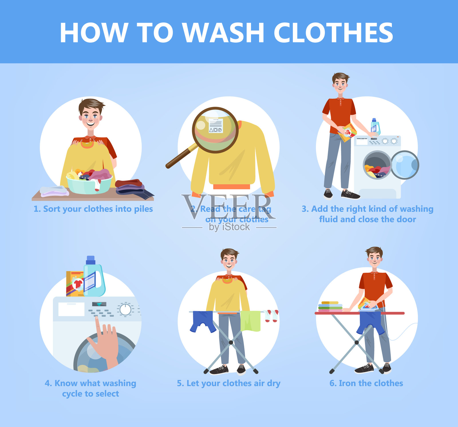 家庭主妇手洗衣服的步骤指南。衣物护理指导。插画图片素材