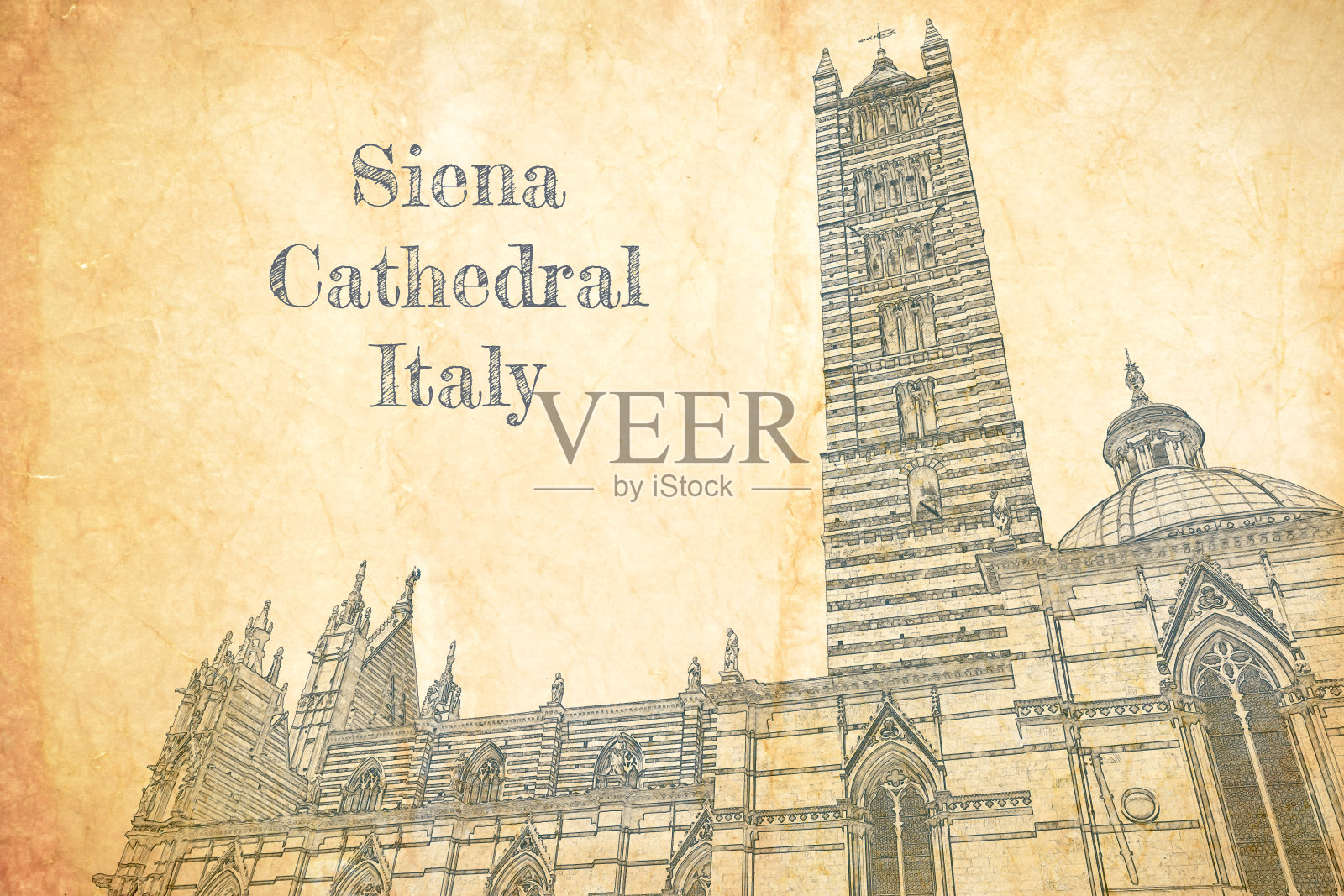 锡耶纳大教堂的素描在旧纸上，意大利插画图片素材