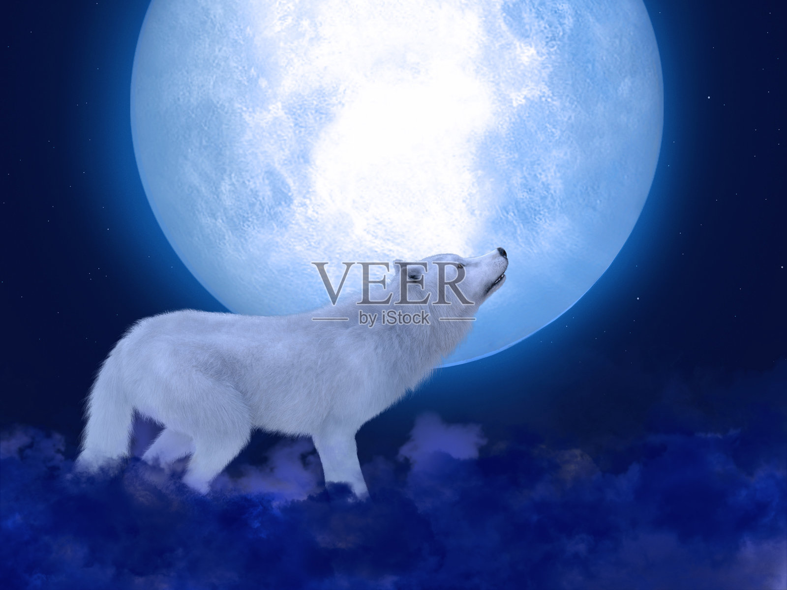 一个雄伟的白狼在月光下的3D渲染。插画图片素材