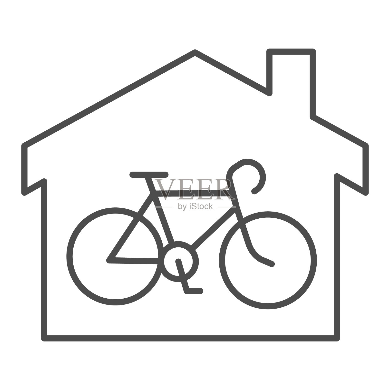 自行车在房子细线图标，户外运动概念，自行车在白色背景上的家庭建筑标志，商店建筑和自行车图标在移动和web的轮廓风格。矢量图形。图标素材