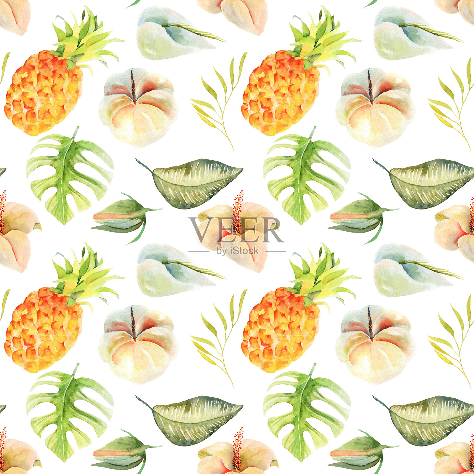 无缝图案的水彩菠萝和热带的花和叶子，手绘孤立的插图在白色的背景插画图片素材