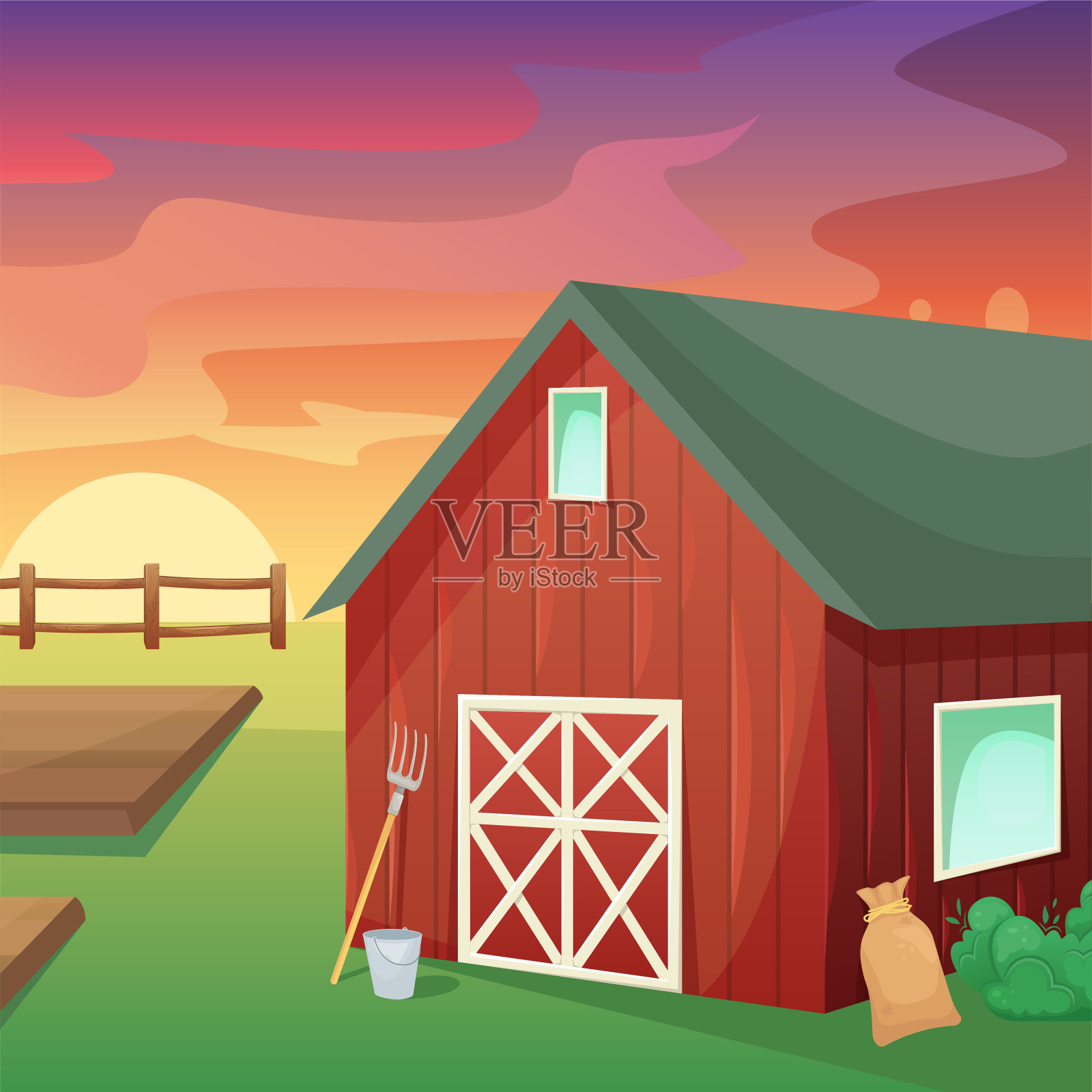 农田里的复古红色美国谷仓。农业、收获。自给自足的农业。插画图片素材