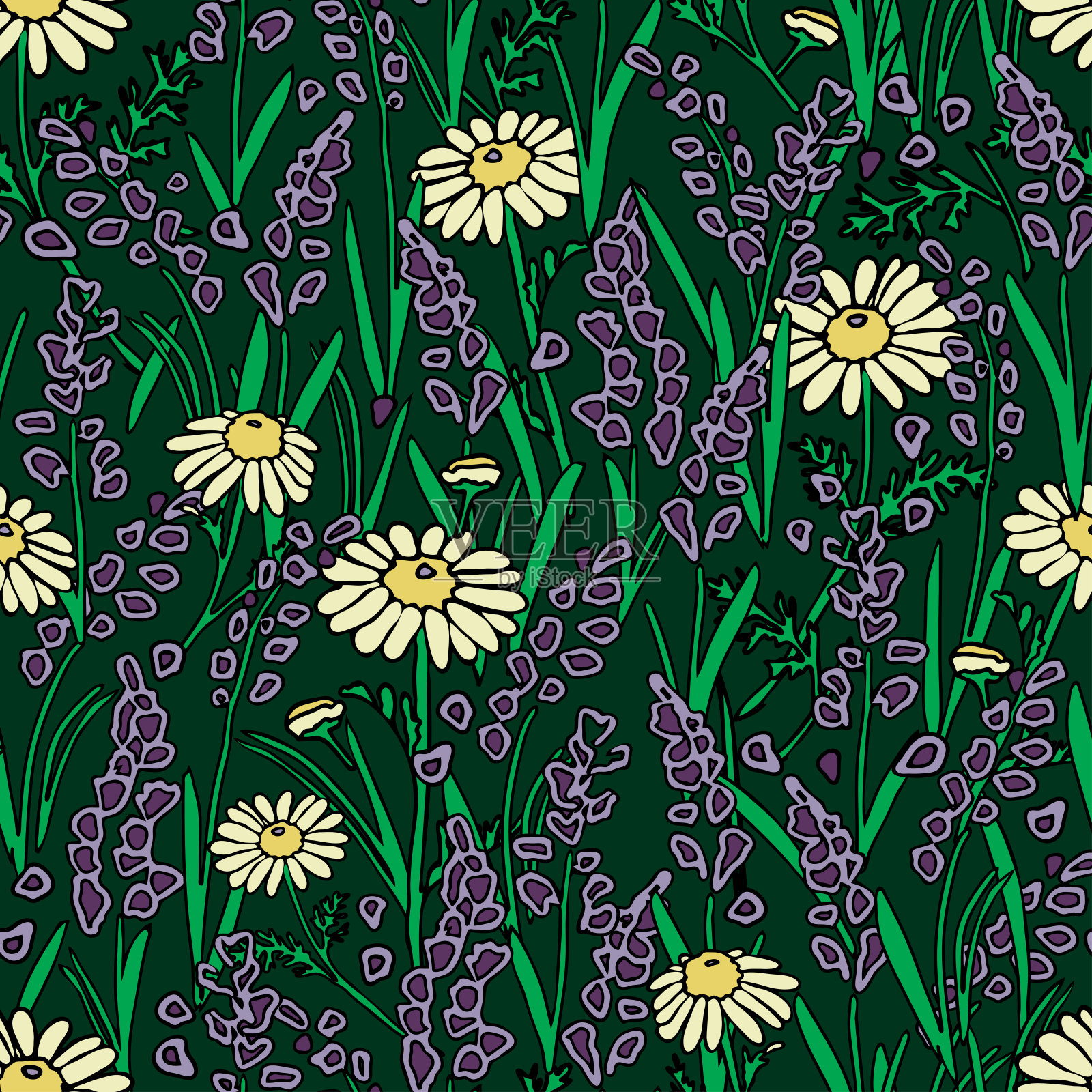 无缝矢量图案与薰衣草和洋甘菊在绿色背景。香薰景观墙纸设计与草药。插画图片素材