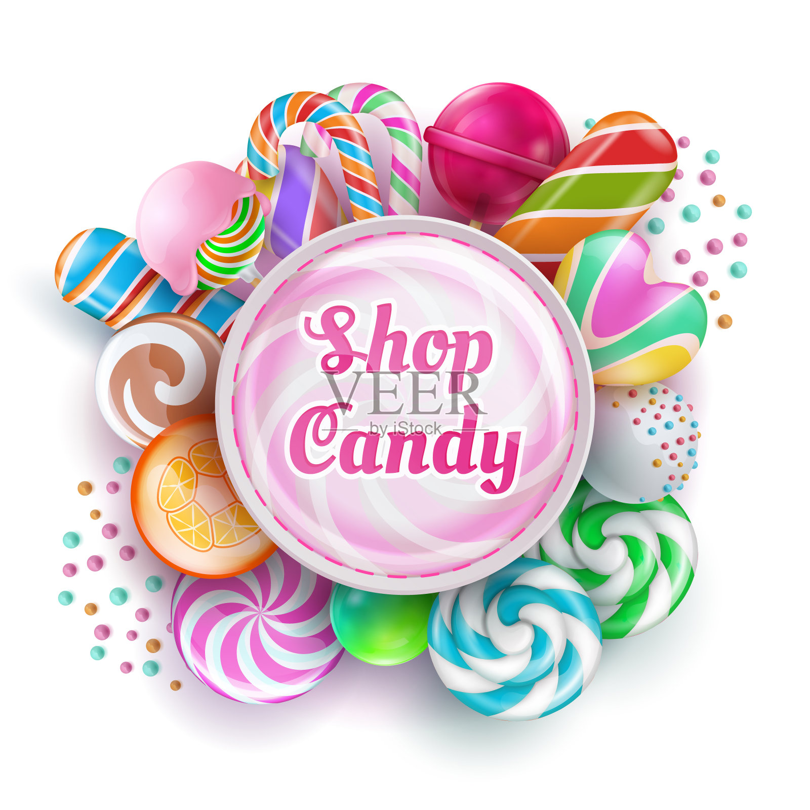 糖果店背景与甜现实糖果，糖果，焦糖，彩虹棒棒糖和棉花糖。矢量图插画图片素材