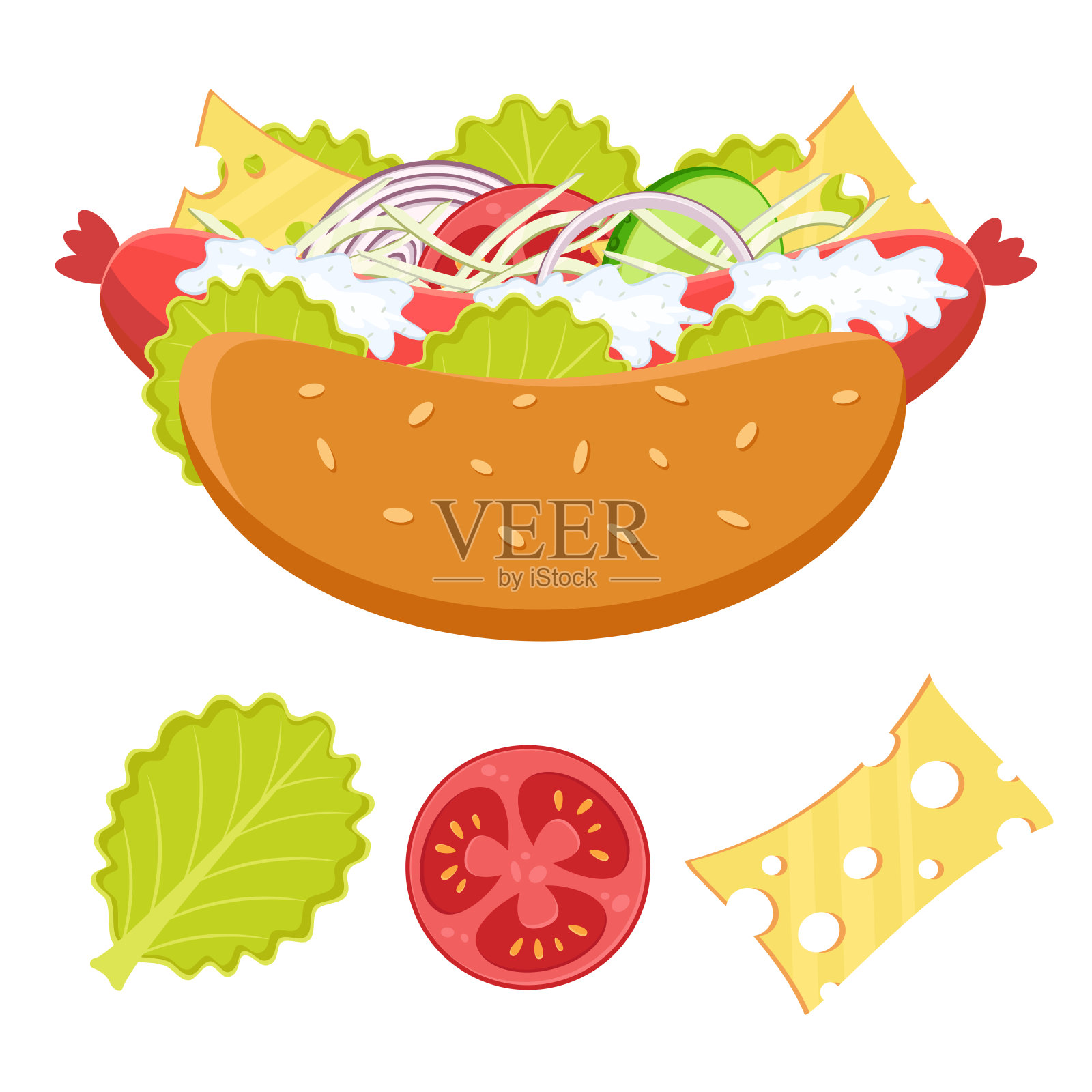 热狗和配料的平面矢量插图。快餐的概念。热狗加香肠和蔬菜。蔬菜色拉,生菜,设计元素图片