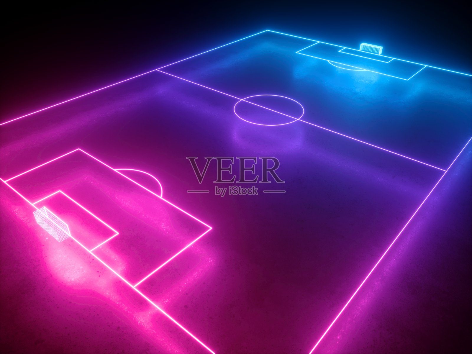 3d渲染，霓虹足球场透视角度视图，足球操场，虚拟运动游戏，粉蓝色发光线照片摄影图片