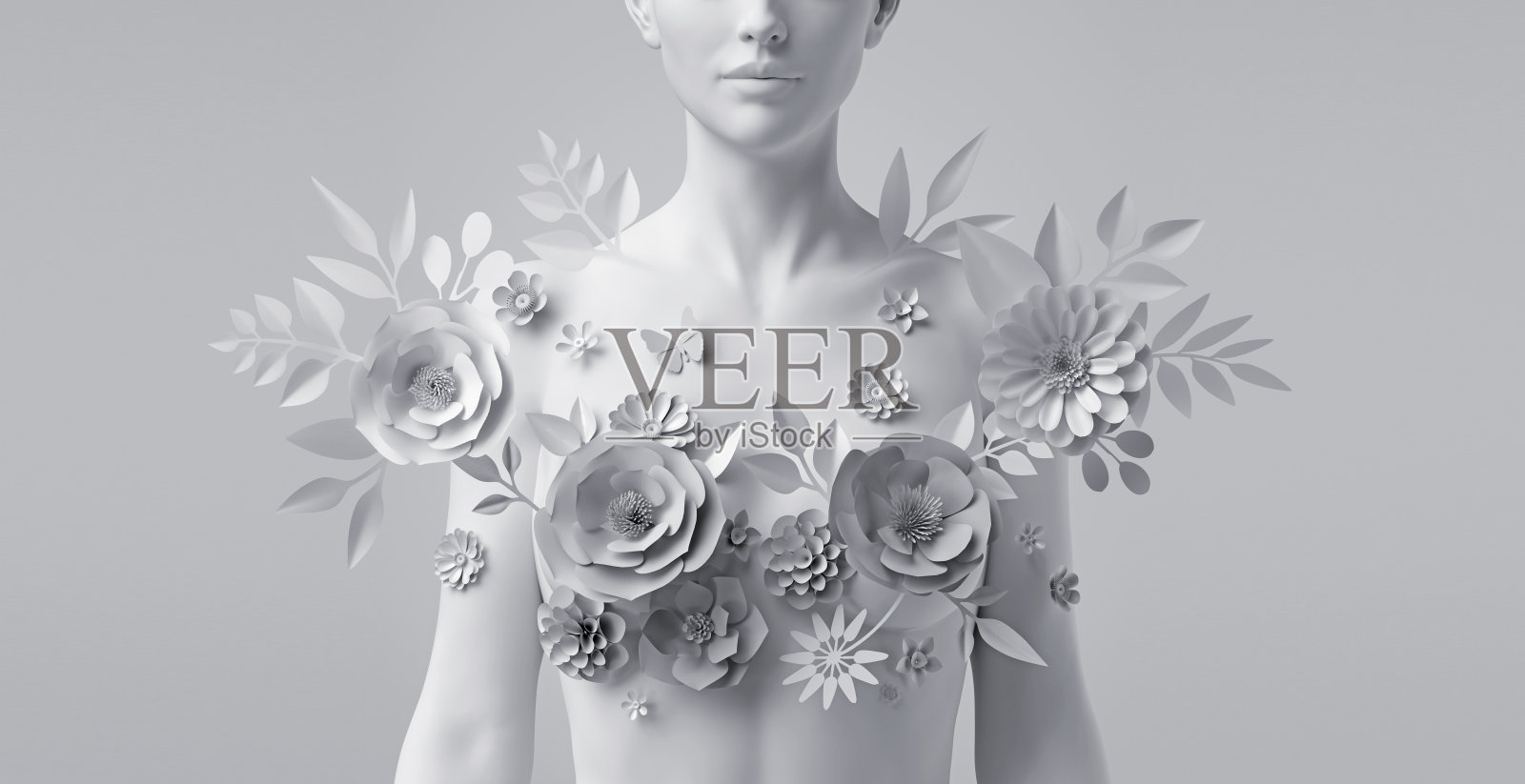 3d渲染，花卉女性胸像，白色人体模型装饰纸花，女性剪影孤立在白色背景。乳腺癌的支持。婚礼时尚。现代植物雕塑照片摄影图片