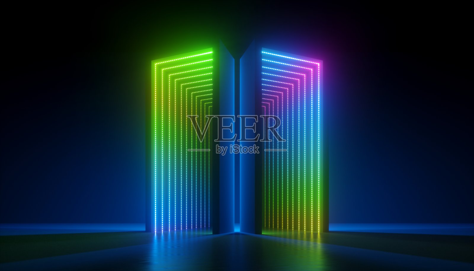 3d渲染，抽象霓虹背景，空盒子与绿色，蓝色，粉红色发光的光。未来科技简约设计照片摄影图片