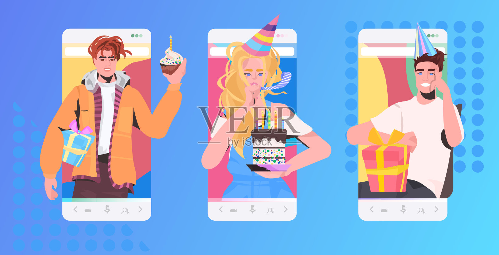 人们庆祝网上聚会的朋友有虚拟有趣的庆祝概念插画图片素材
