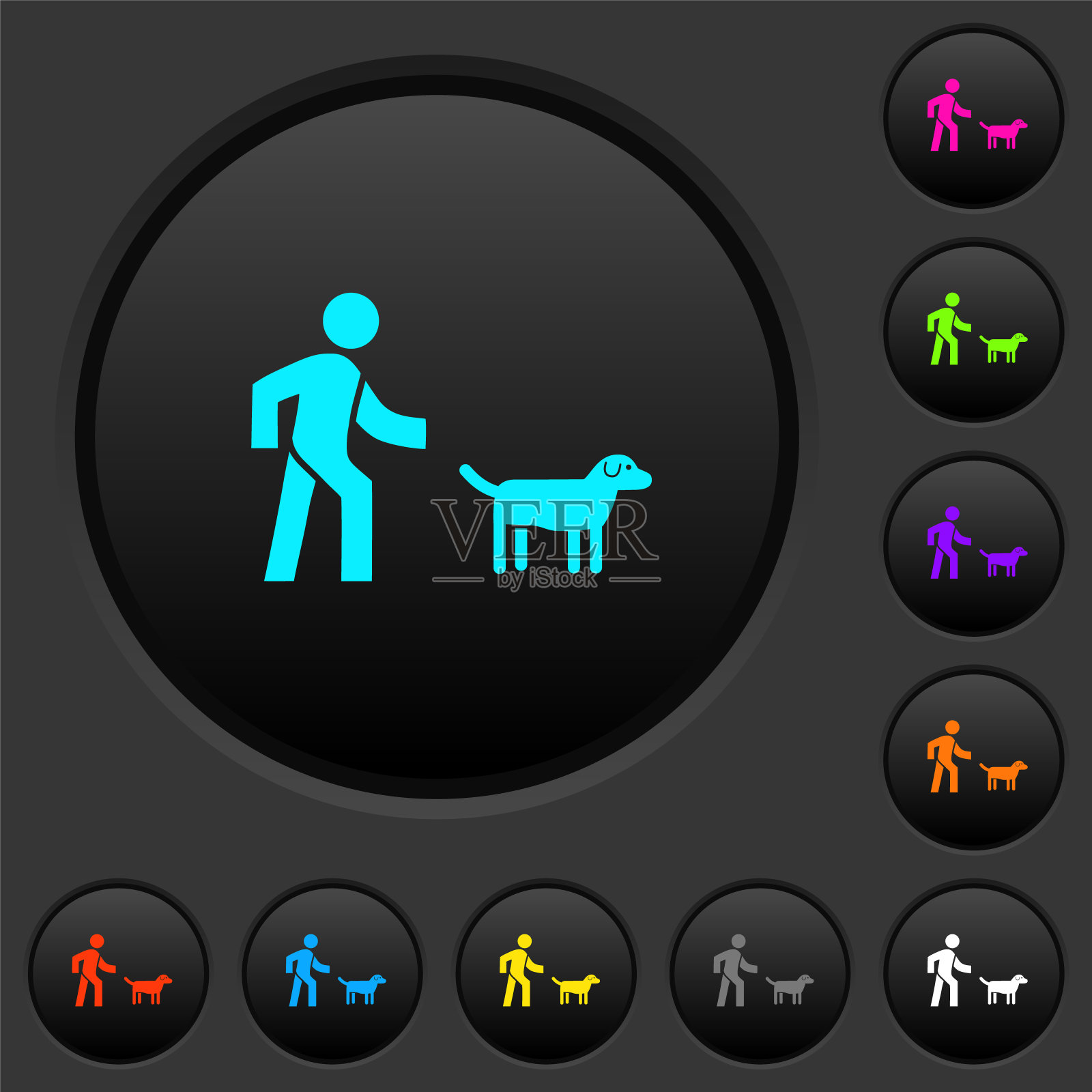 遛狗的黑色按钮和彩色图标图标素材