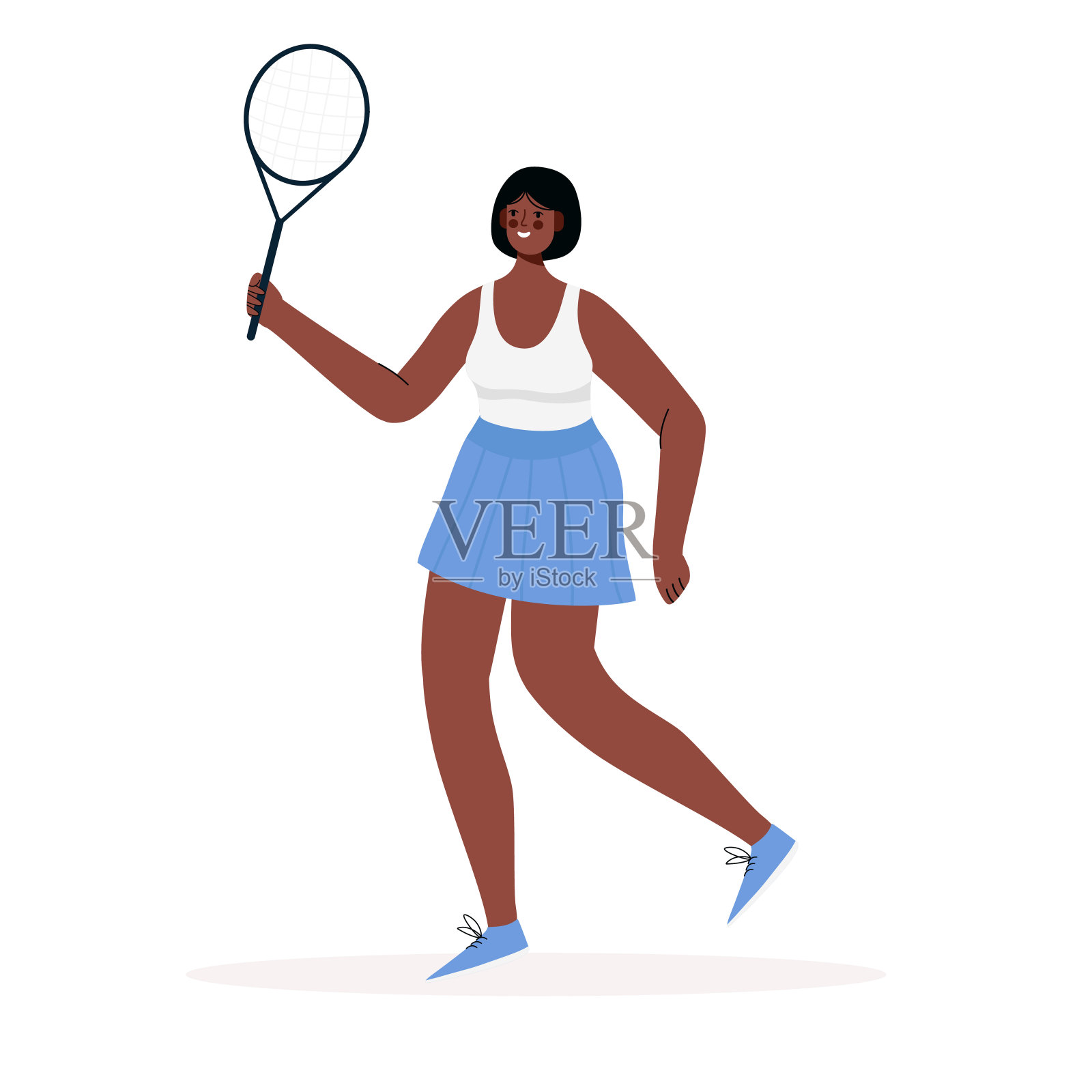 穿着运动服打网球的女人。手持球拍和击球的女运动员孤立的白色背景。女人的活动。健康的生活方式。平面卡通矢量插图。插画图片素材