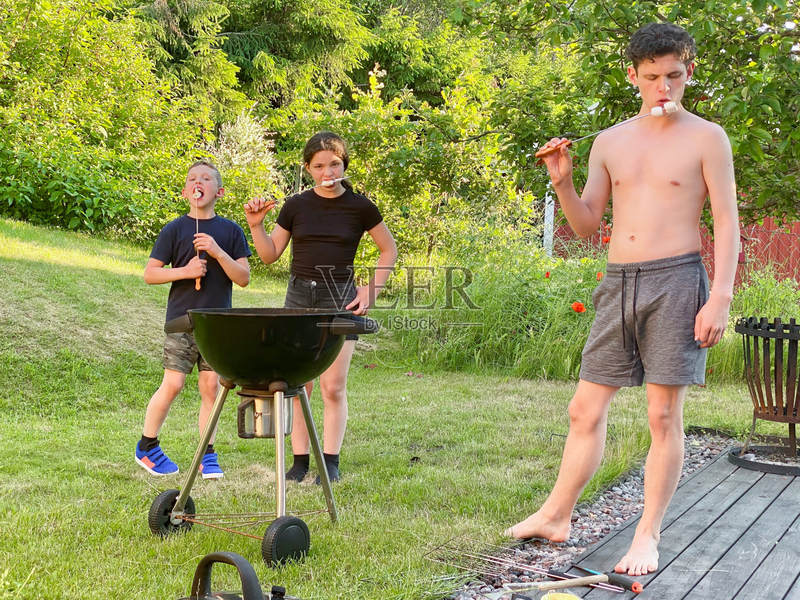 青少年和儿童放松。炎炎夏日花园棉花糖烧烤。照片摄影图片