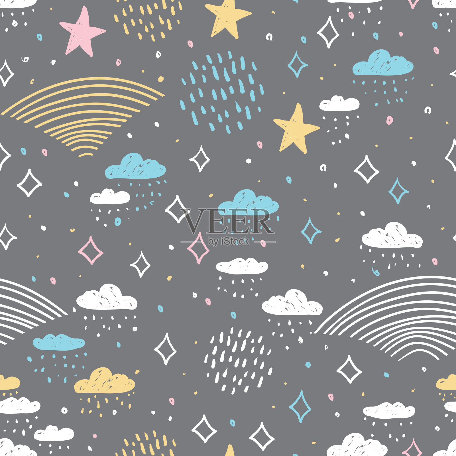 神奇的传说无缝图案抽象鳞片，天上的雨，天上的云星星，简单的自然涂鸦线条斯堪的纳维亚风格。苗圃装饰的季节趋势白黄粉在灰色的背景。向量插画图片素材