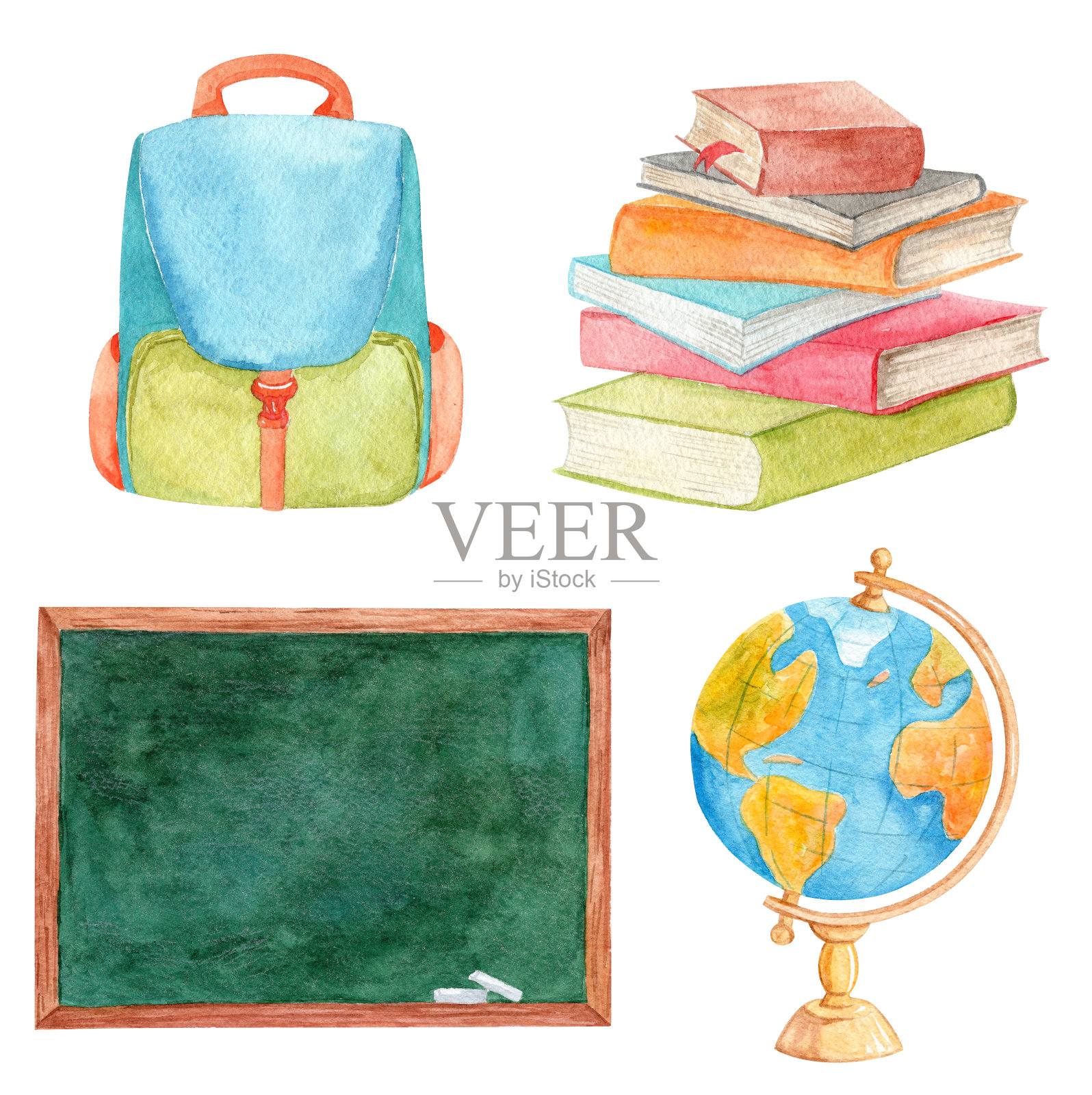 水彩回到学校设置与地球，板，背包和书籍设置孤立的白色背景插画图片素材