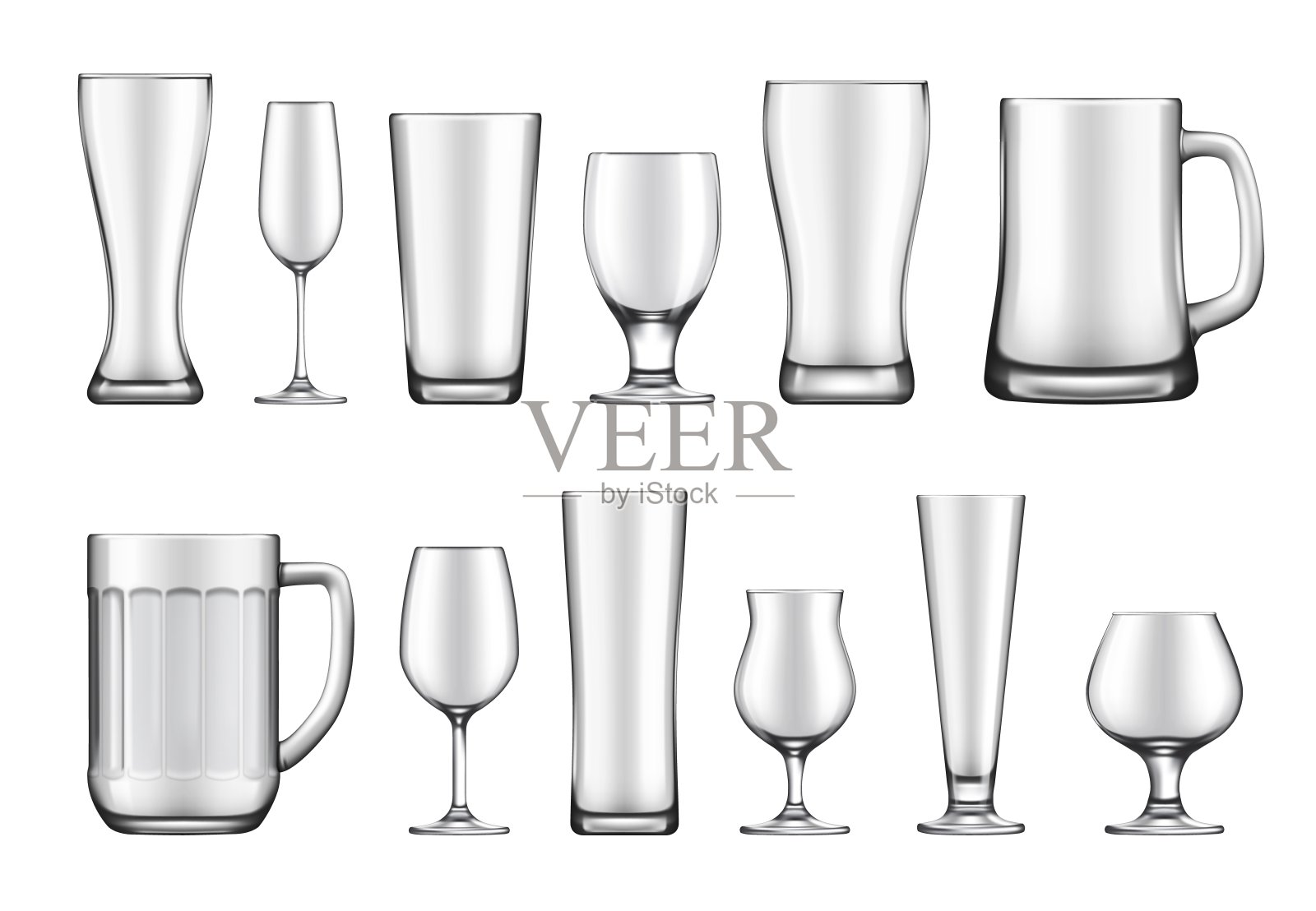 玻璃高脚杯，马克杯和罐子向量集设计元素图片
