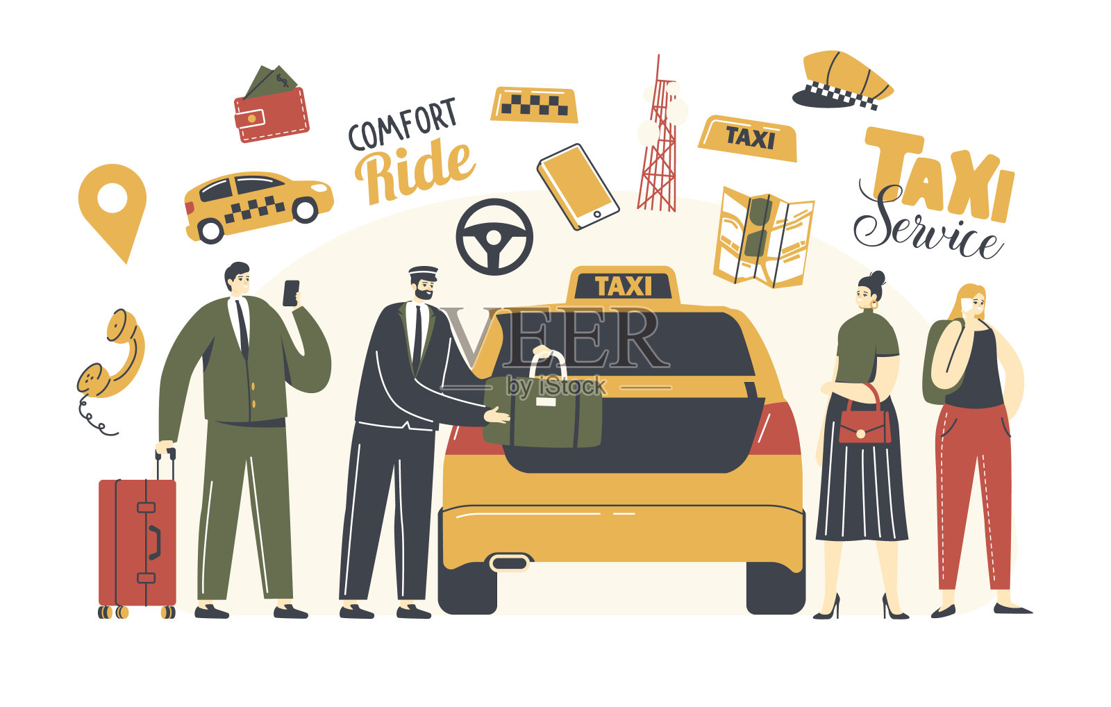 角色呼叫出租车服务。穿制服的司机把乘客的行李放在黄色出租车里。人们在城市里订购出租车插画图片素材