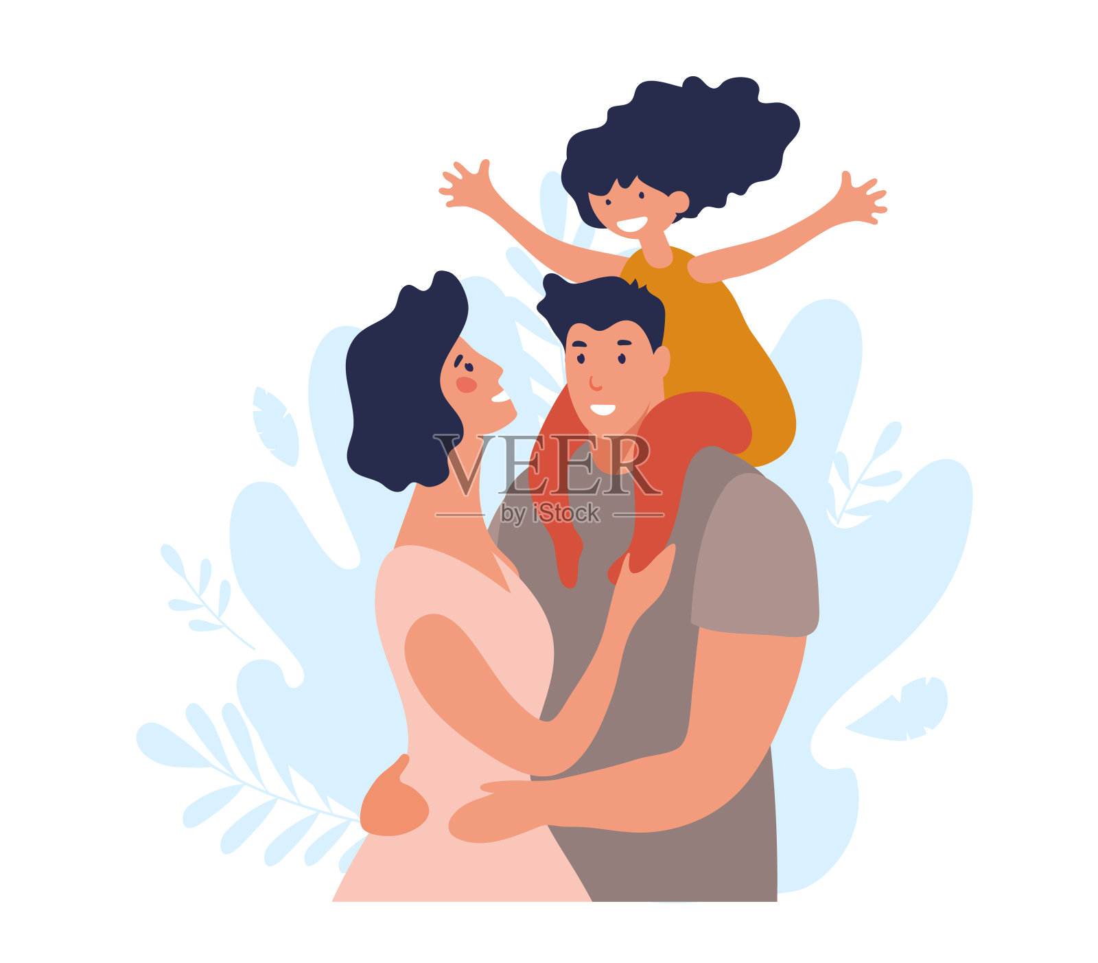 一个有孩子的幸福家庭的肖像。一个男人和一个女人拥抱并照顾他们的女儿。简单的平面插图孤立在白色背景上。插画图片素材