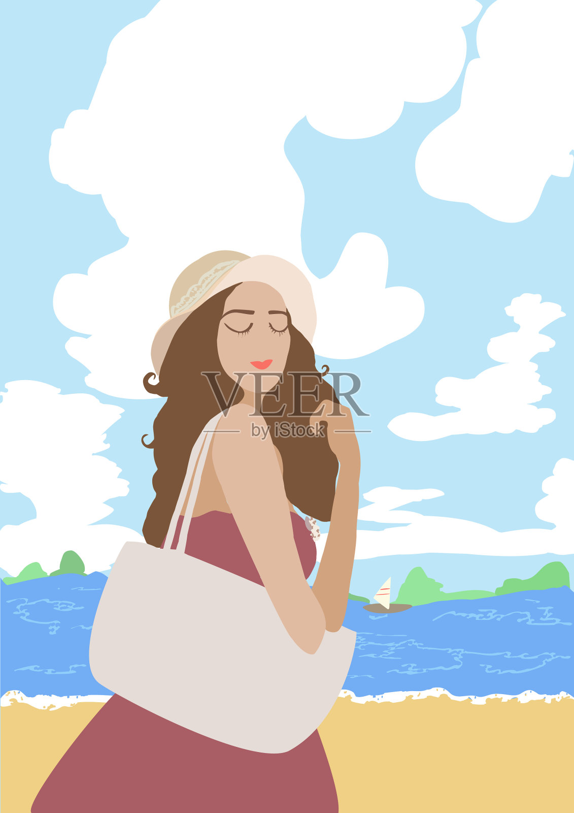 美丽的女孩在红色的裙子是在沙滩上与浅灰色的袋子矢量插图插画图片素材