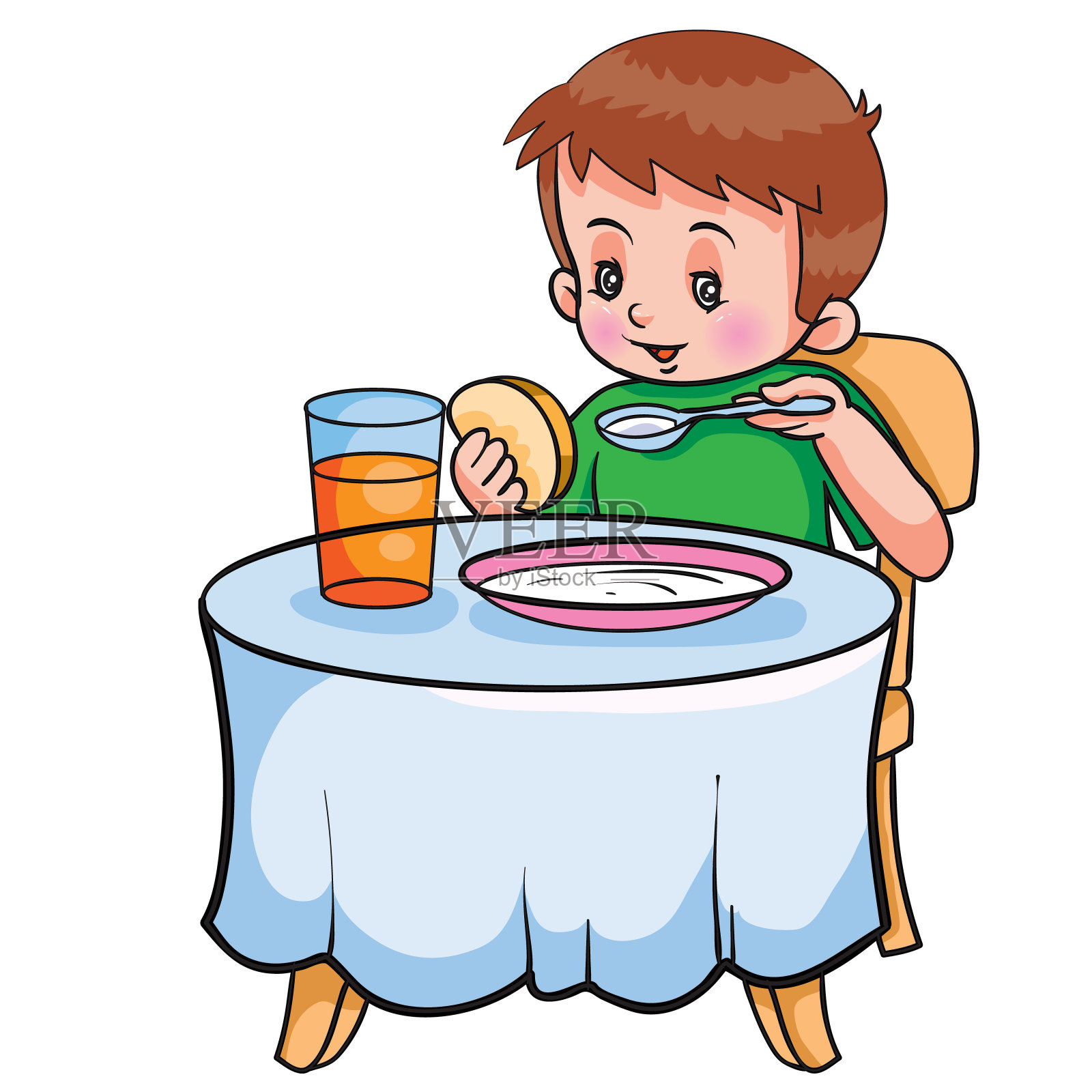 男孩坐在桌子旁，吃着早餐，粥和面包，喝着果盘，白色背景上的孤立物体，矢量图，设计元素图片