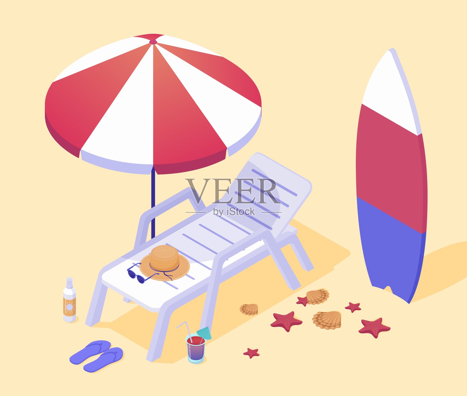 海滩上的空躺椅。白色塑料翻盖下时尚的红白伞冲浪板。插画图片素材