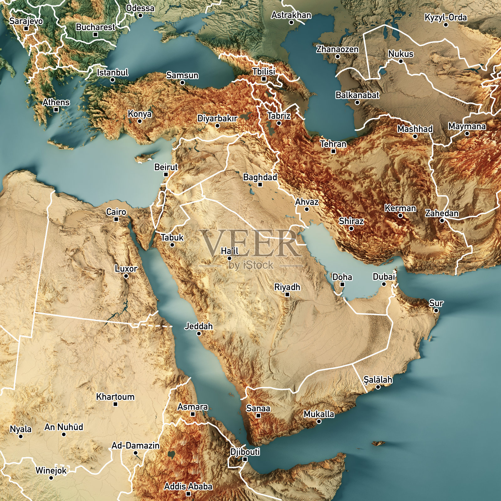 中东3D渲染地形图颜色边界城市照片摄影图片