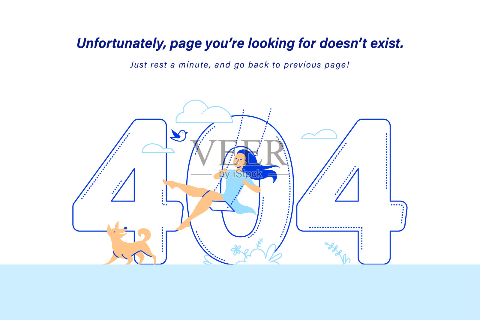 404错误网页设计。矢量线艺术插图与年轻的微笑女孩荡秋千在自然。插画图片素材