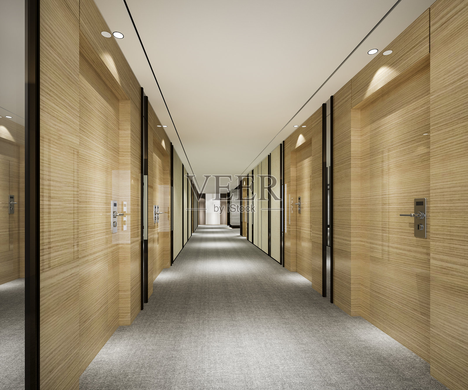 3d渲染现代豪华的木材和瓷砖酒店走廊照片摄影图片